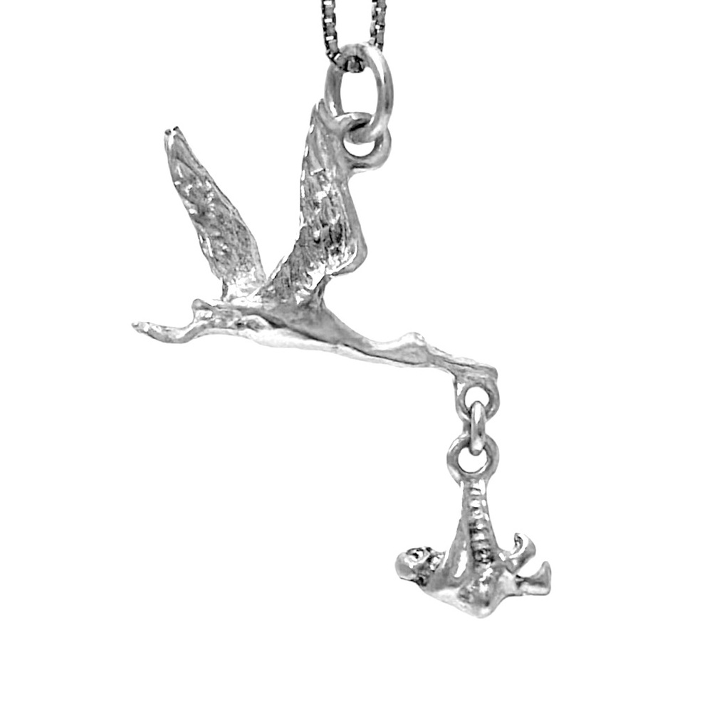 Vintage Sterling Silver Stork with Baby Shower Bird Charm Necklace Pendant  925